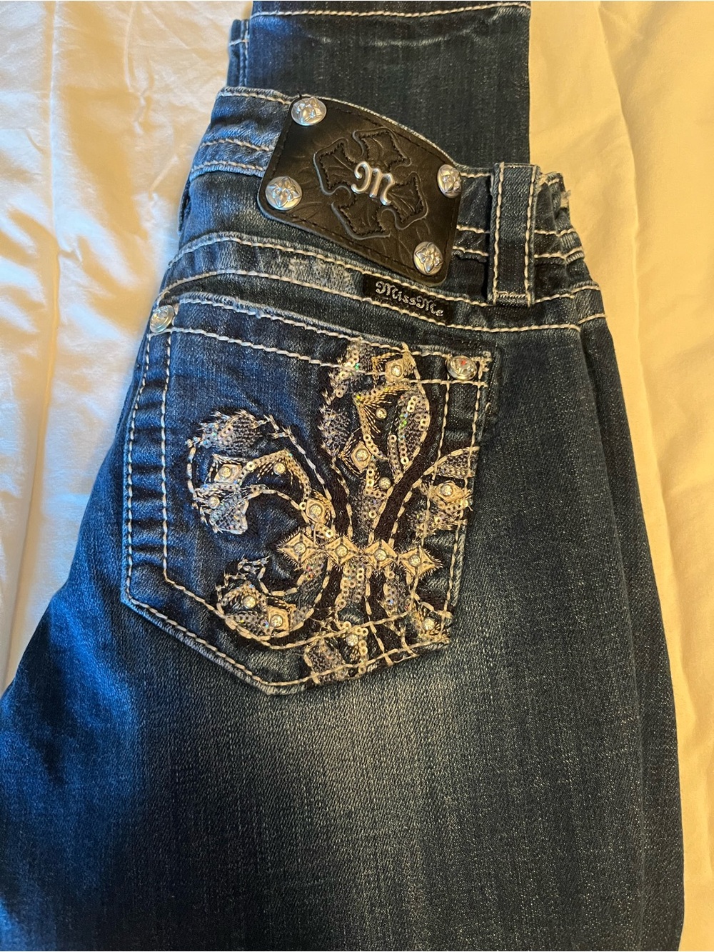 Miss Me Dark Blue Bootcut Jeans with Embellished Fleur-de-Lis Pocket